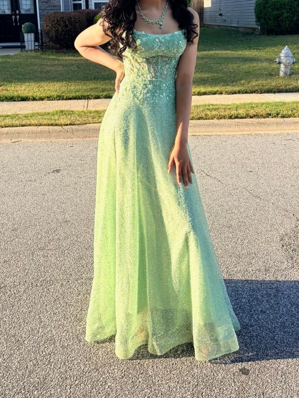 Light Green Beaded Strapless Evening Gown Prom DRESS SIZE XS 0 2